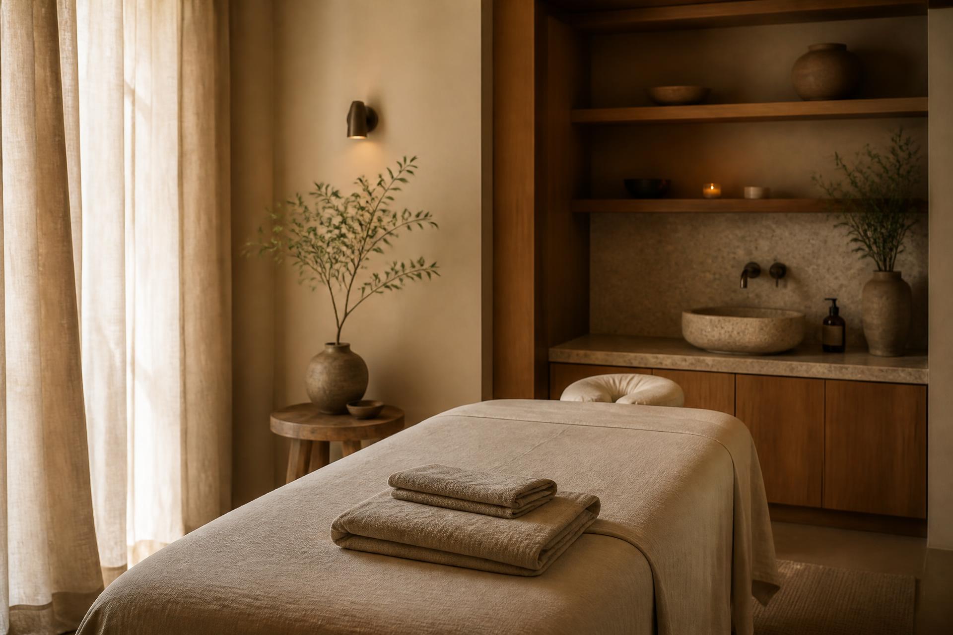 Table de massage habillée de lin dans une pièce en bois baignée de lumière douce